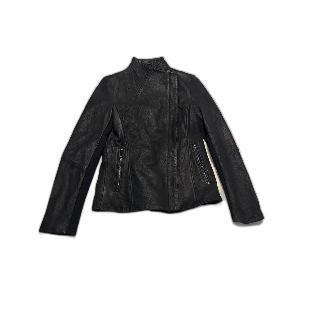 T Tahari Leather Jacket Womens Small Black Suede Moto Full Zip